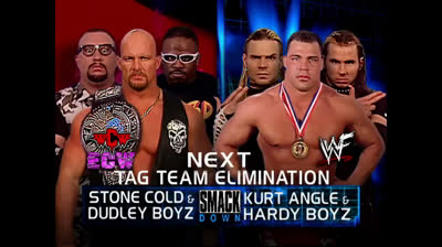 Kurt angle and Hardy boys vs Stone cold and Dudley boys .
