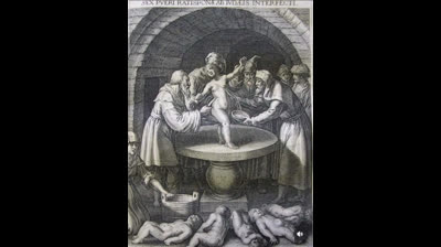 (Seis niños asesinados por judíos en Ratisbona). Grabado de 1545